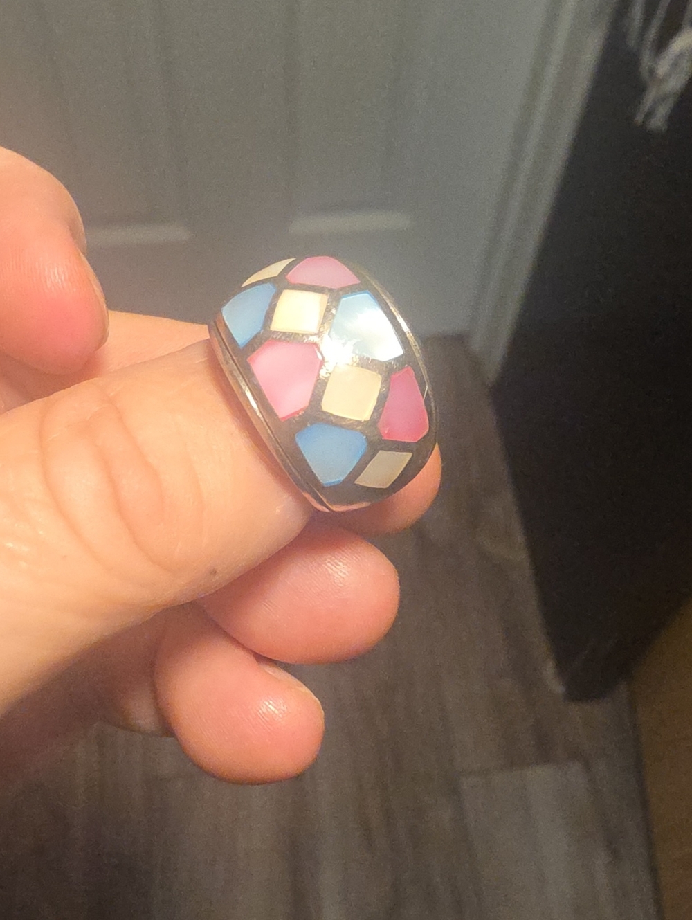 Silver,Multicolor Enamel Ring Pink Aqua Silver White Sz 6.5 heavy Silver.